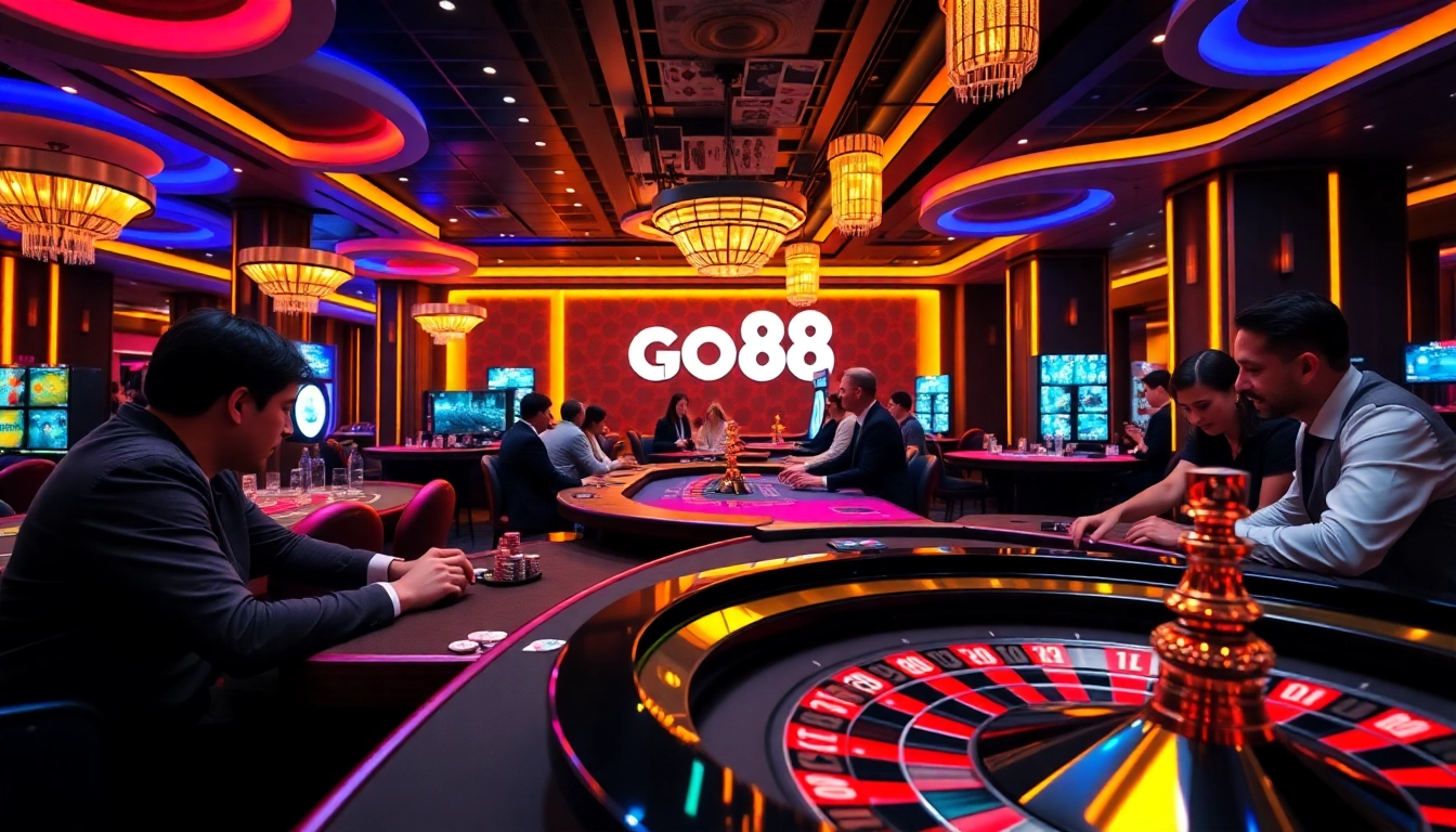 GO88 casino scene showcasing players at poker tables, vibrant atmosphere, and gaming excitement.