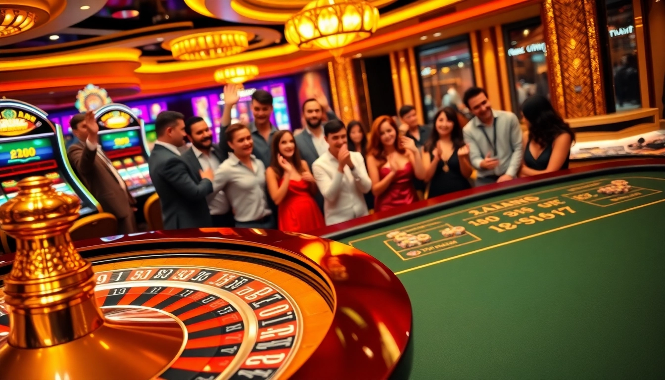 Gamblers at an exciting KJC casino scene strategize at the poker table with roulette in the background.