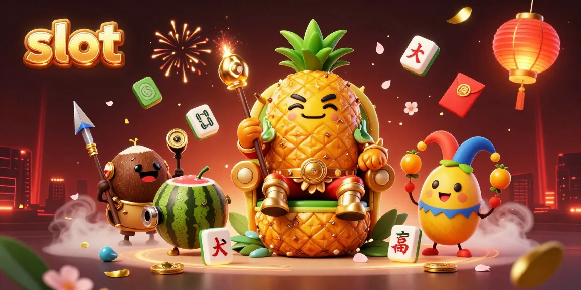 Engage with thrilling slot gameplay surrounded by vibrant casino elements and a golden pineapple king.