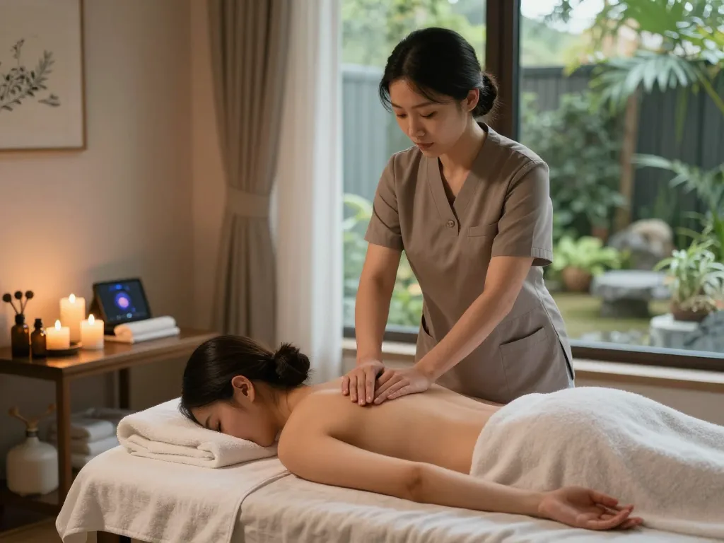 서초스웨디시 massage therapy scene with a serene atmosphere in a calming spa treatment room.