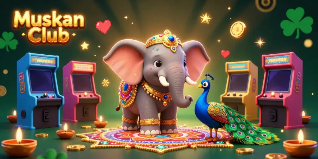 Experience the vibrant gaming energy at Muskan Club with a 3D elephant and peacock in a colorful casino scene.