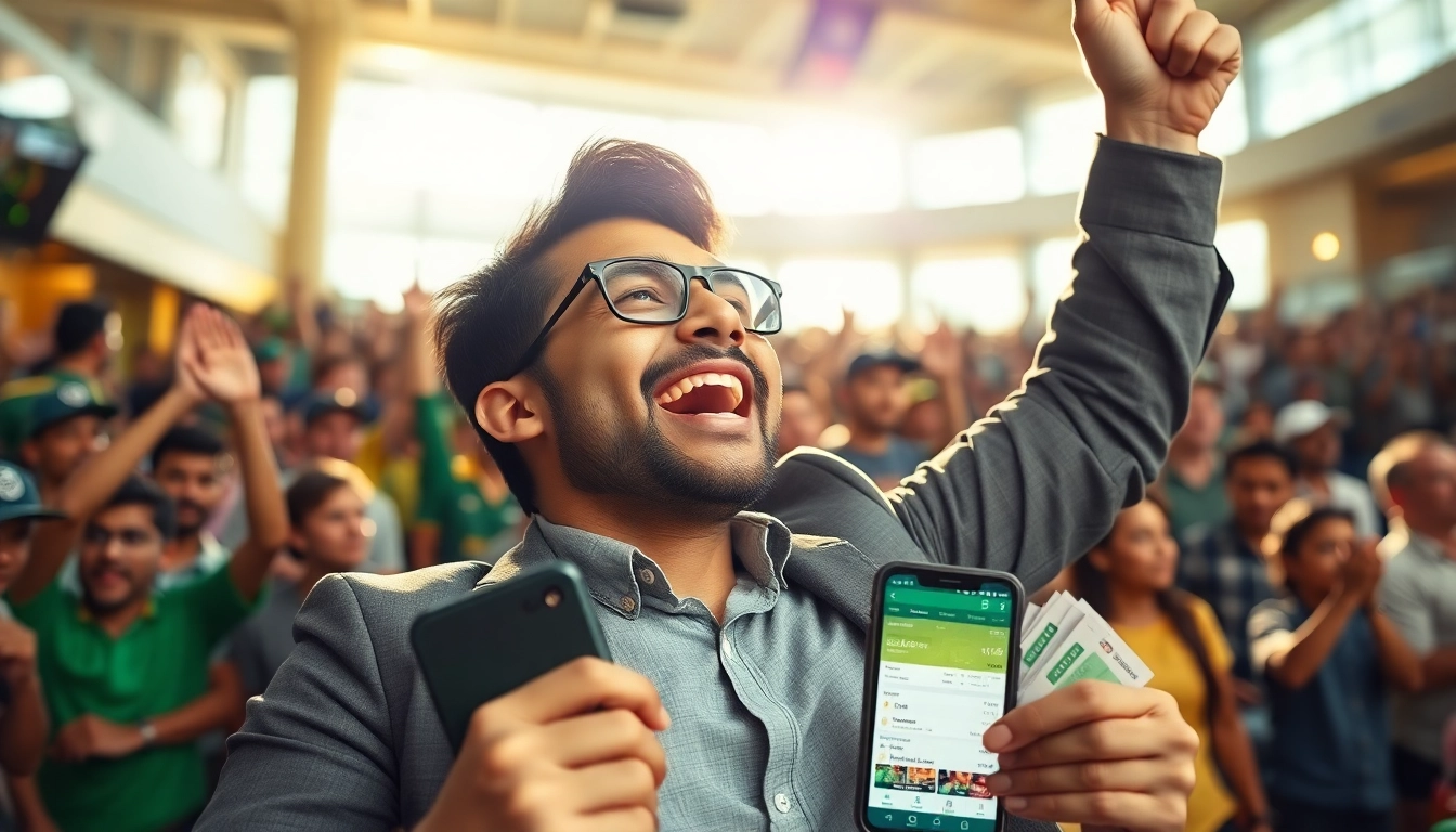 Celebrate sports betting in India with a winning enthusiast amidst a lively atmosphere.