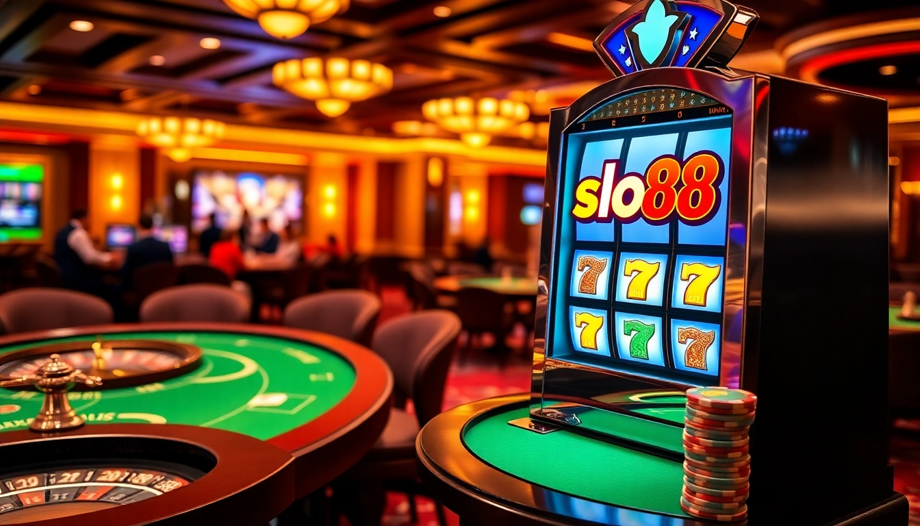 Engaging casino atmosphere with slot88 showcased on a vibrant slot machine, highlighting excitement in gambling.