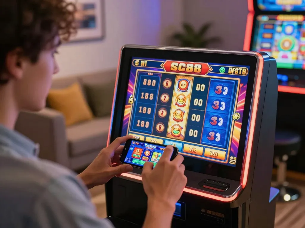 Player enjoying mobile casino gaming on sc88 app with vibrant slot graphics