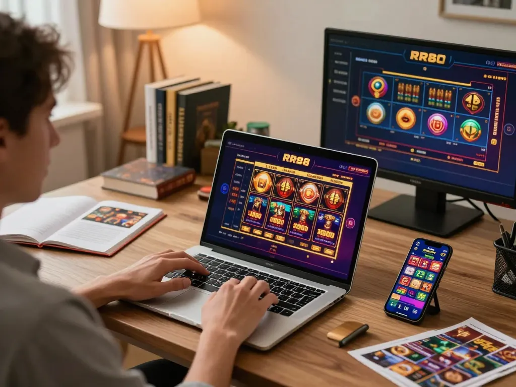 Engaging in responsible online gaming at RR88 SELECT with vibrant casino visuals on laptop.