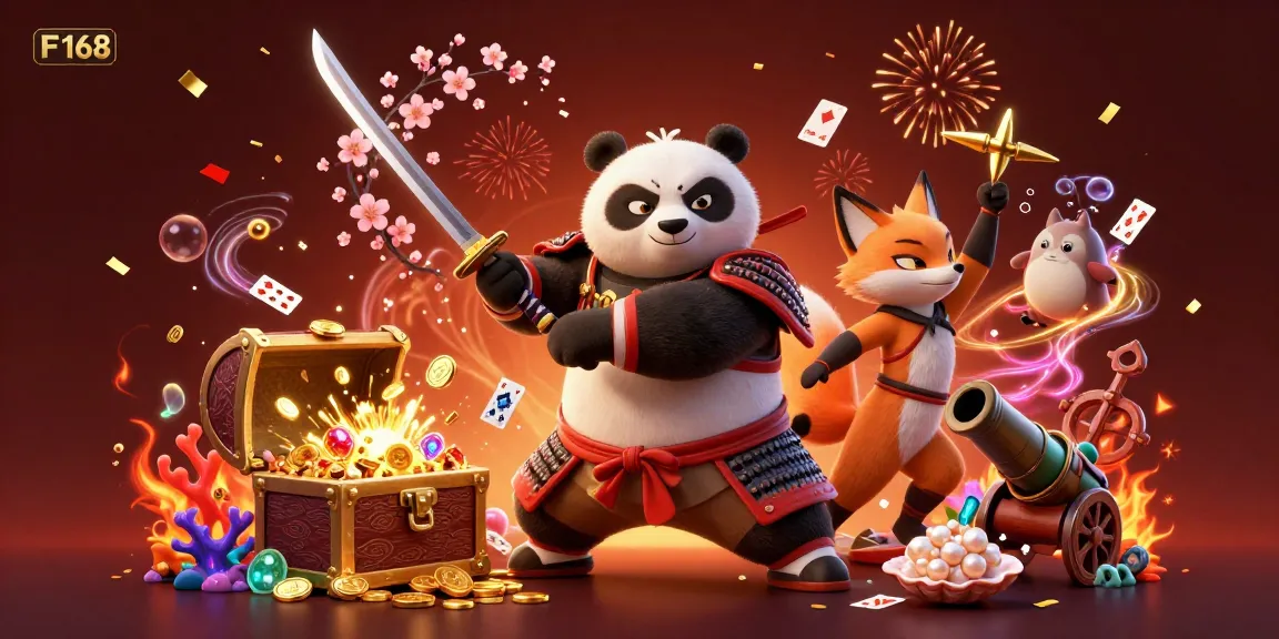 Engage with F168's thrilling casino experience as a panda warrior and ninja fox scatter treasures in an immersive 3D scene.