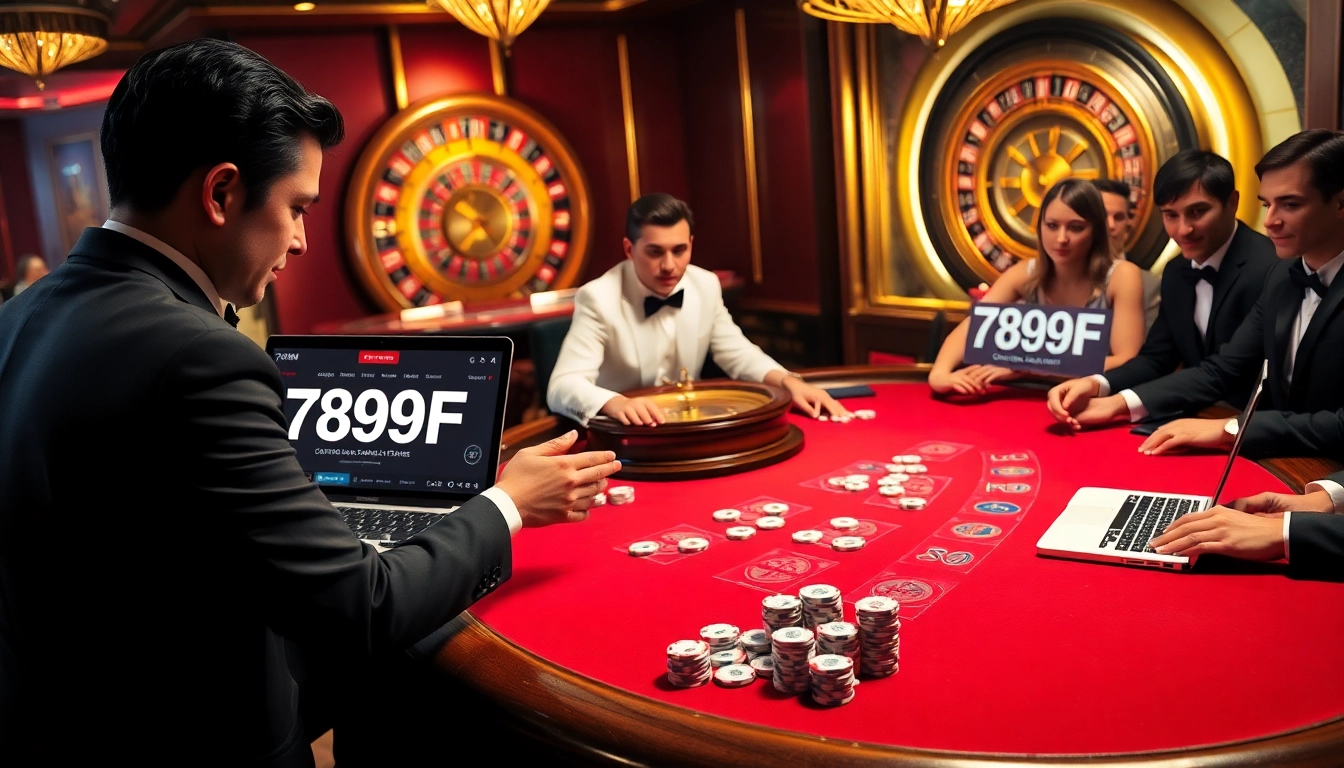Players strategizing at a high-stakes poker table in the luxurious 789F casino environment.