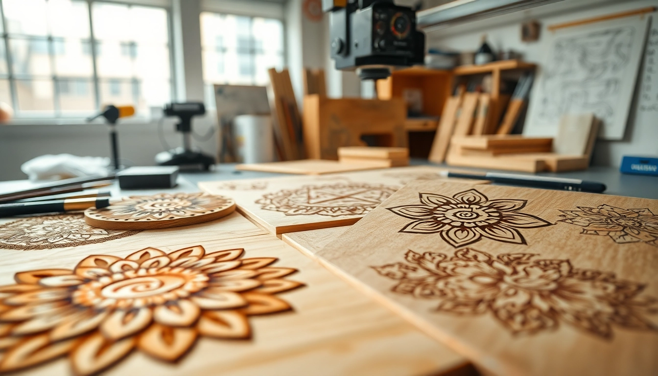 Engraved wood showcasing intricate laser engraving designs with a creative workshop backdrop.