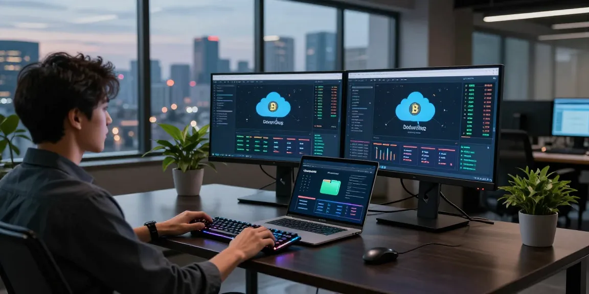 Cloud mining service interface on dual monitors in a modern cryptocurrency workspace, showcasing advanced trading analytics and real-time blockchain data.