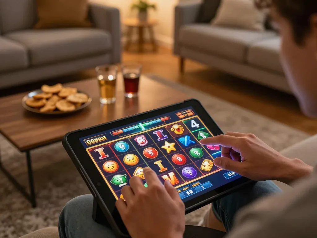Engaging with สล็อตทดลอง on tablet in cozy home setting, focusing on vibrant slot gameplay and relaxed atmosphere.