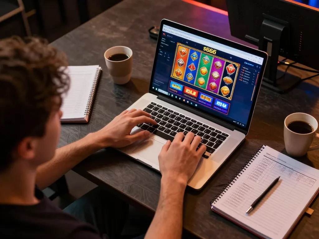 Engaging in online casino gameplay on s666 platform with vibrant laptop setup and strategic notes nearby.