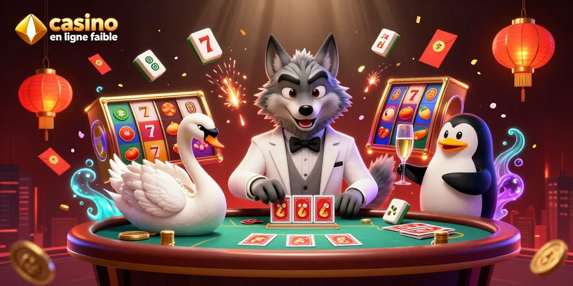 Illustration dynamique de casino en ligne fiable avec un loup et une cygne jouant aux cartes.