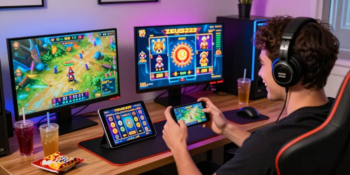 Exciting ZEUS222 gaming setup with player enjoying slot games on smartphone and tablet, vibrant atmosphere.