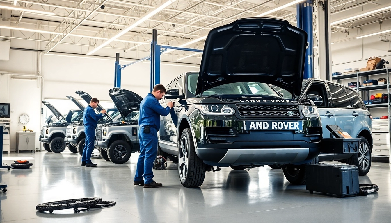 Technicians performing a Land Rover service in a bright, professional garage.