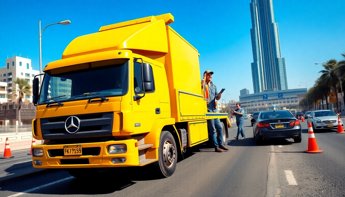 Assistive car recovery services by https://trtrecoveryuae.com depicted on a busy Dubai street.