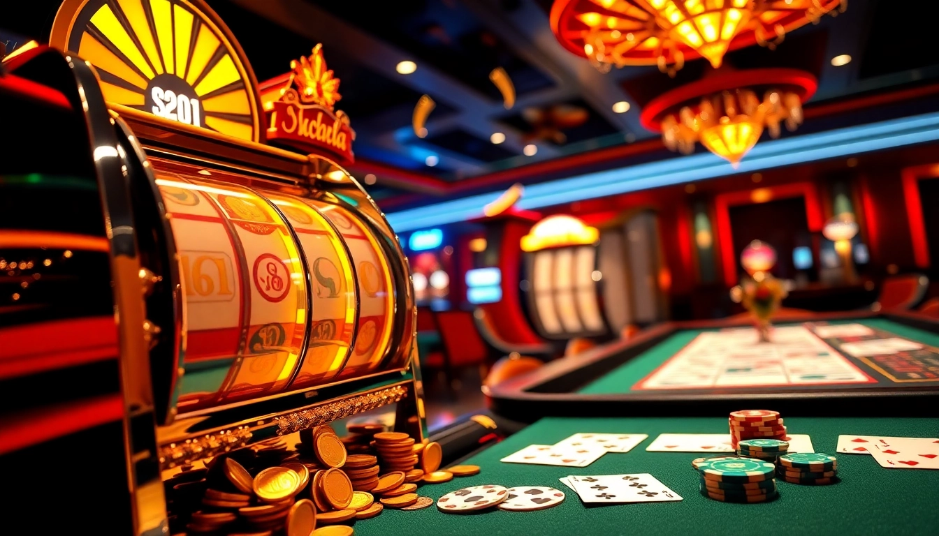 Nổ Hũ Đổi Thưởng slot machine with vibrant lights and overflowing coins, showcasing excitement in a luxurious casino.
