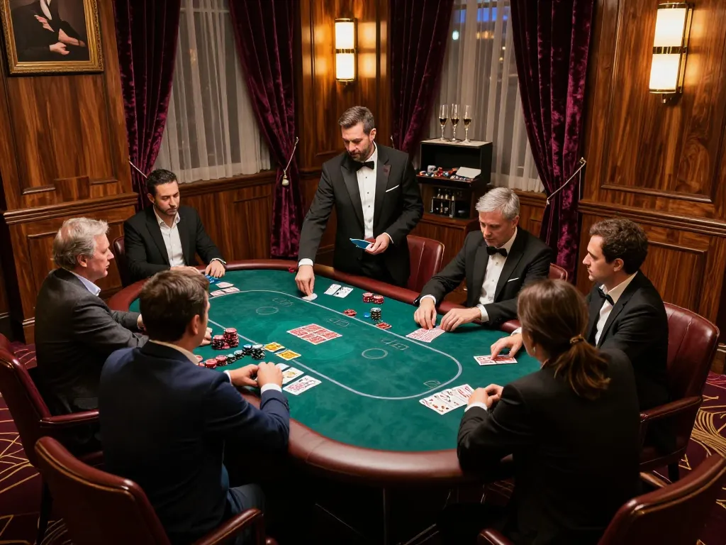 VIP gaming scene featuring high-stakes players enjoying poker with exclusive service at a luxury casino.