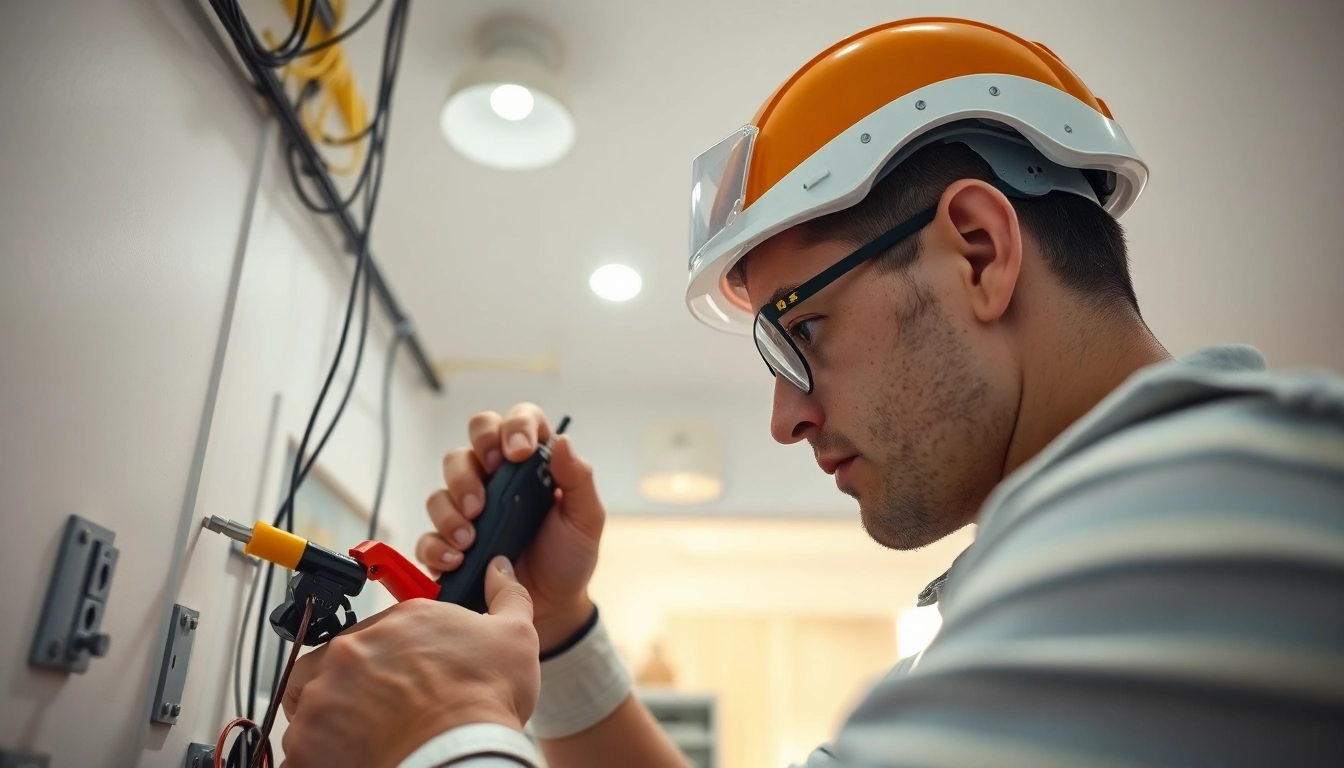 Electrician companies near me showing a skilled electrician inspecting wiring in a bright, modern home.