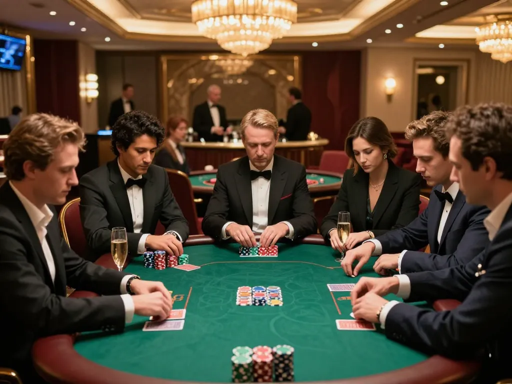Go8 poker players strategizing at an upscale table in a luxurious casino