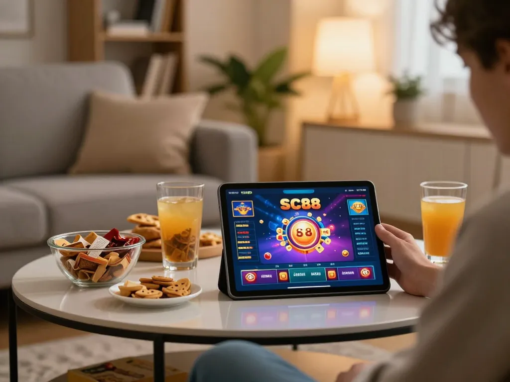 Engaging mobile gaming experience with a tablet showing SC88 casino app, capturing the thrill of gambling.