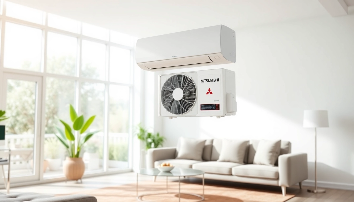 Install Mitsubishi mini split AC in a stylish living room with natural light and elegant decor.