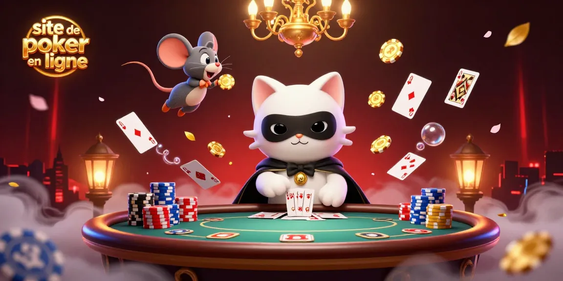 Ne manquez pas cette action sur site de poker en ligne avec un chat masqué, des cartes volantes et des jetons dynamiques.