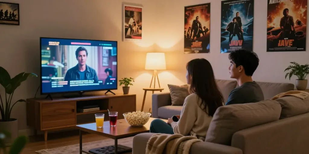 A couple enjoying a JAV movie night with Indonesian subtitles at home.