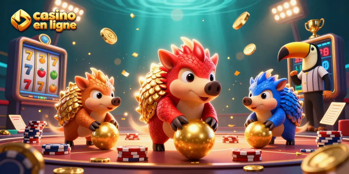 Casino en ligne avec un duo de pangolins rival, jetant des jetons et des rouleaux dorés.
