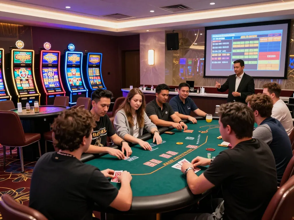 Players enjoying thrilling card games at 23win's vibrant online casino with engaging dealers and captivating slot machines.