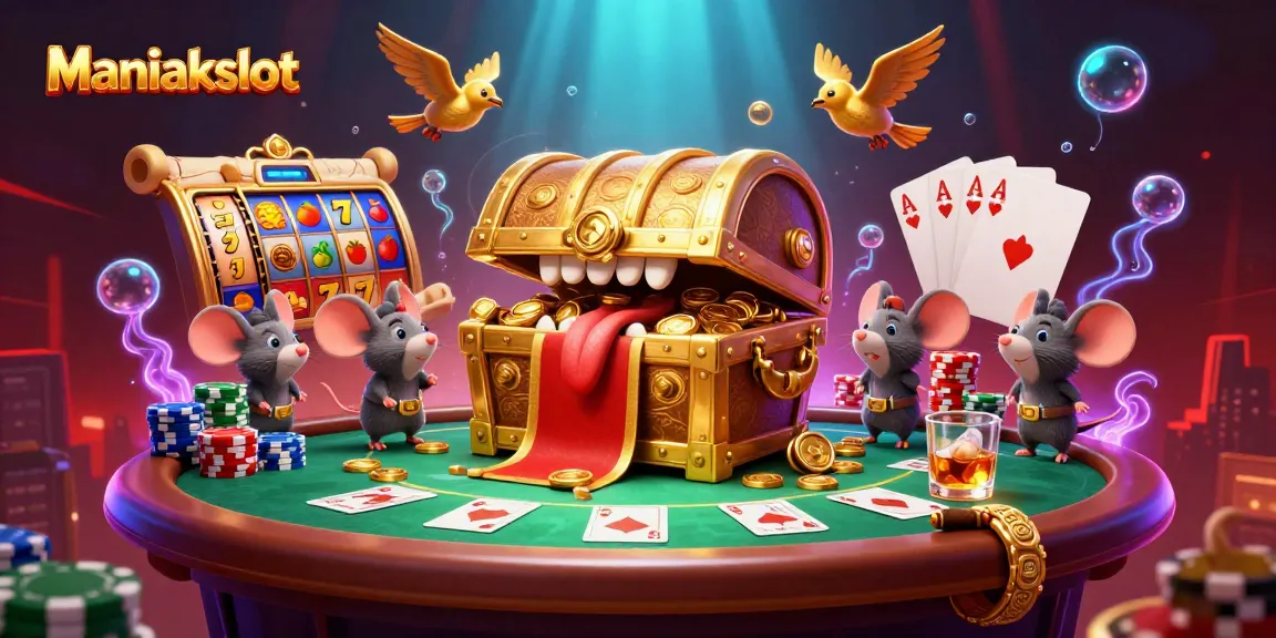 Spin jackpots with Maniakslot showcasing vibrant reels, poker elements, and playful characters.