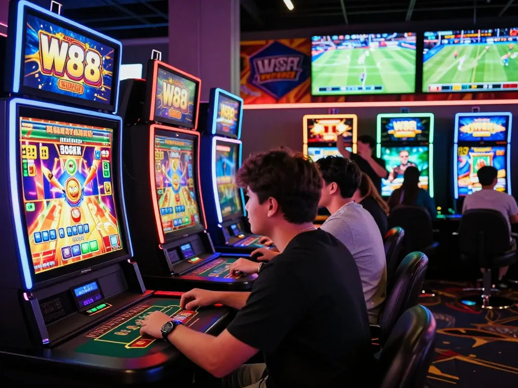 Exciting online gaming atmosphere at W88 casino, players engaged in vibrant slot and live dealer games.