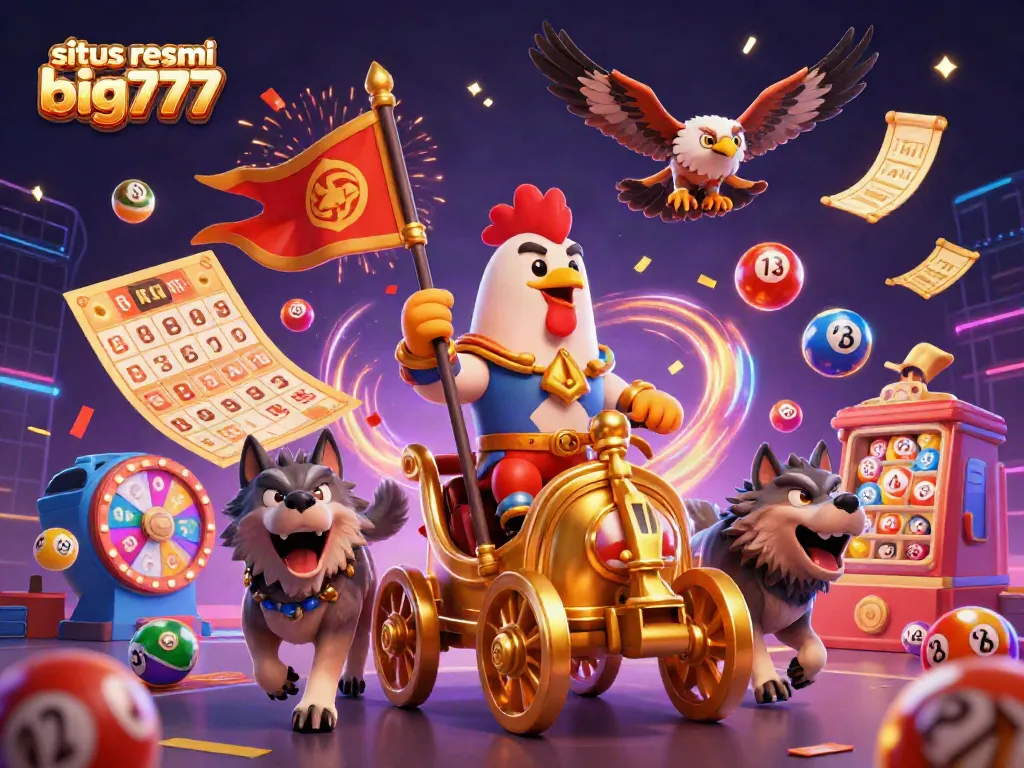 Experience winning excitement with situs resmi big777 in a vibrant 3D casino scene featuring a rooster warlord and dynamic gambling elements.