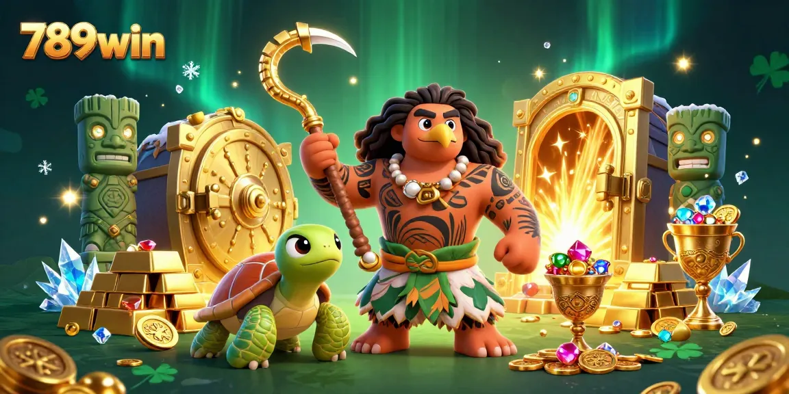Engage in thrilling adventures with 789win as a demigod hawk and turtle explore a dazzling treasure-filled casino.