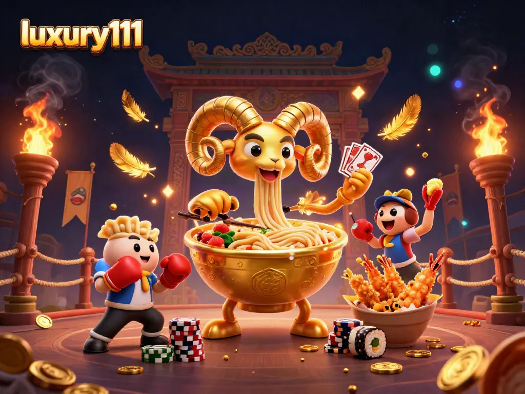 Engage with luxury111's vibrant casino scene featuring a giant ramen bowl dealer and energetic sushi characters.