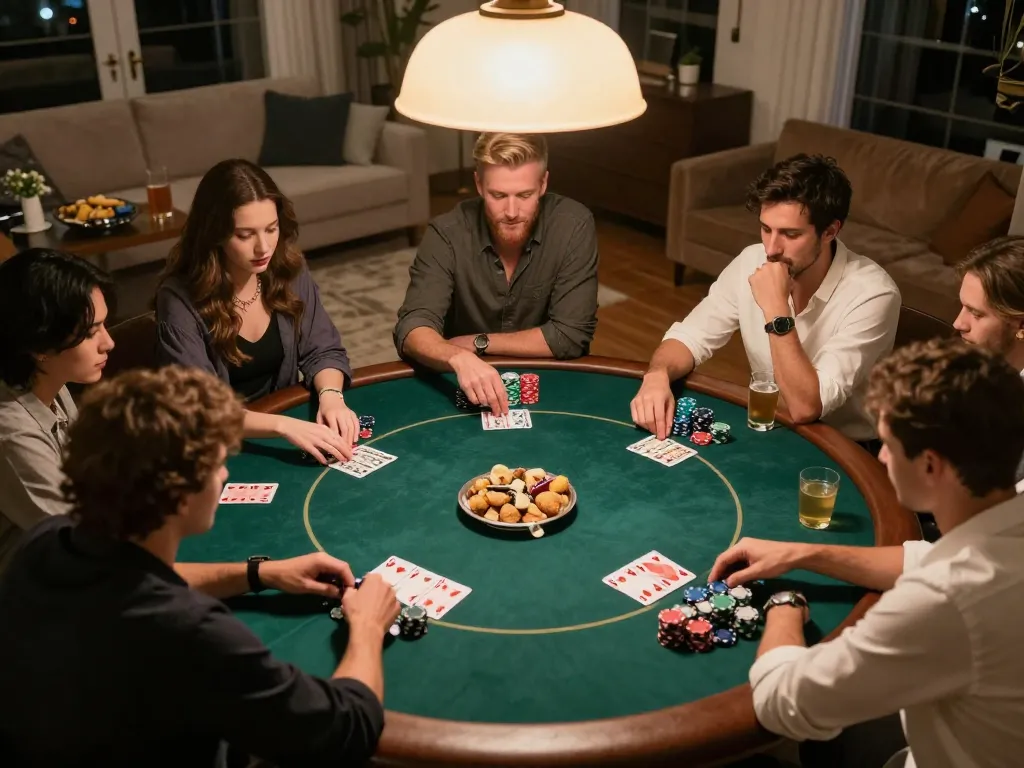 Nohu90 players enjoying an exciting home poker game with chips and cards visible.