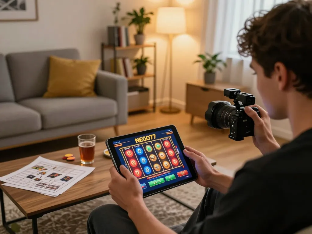 Engaging online gaming experience with a user playing NEGO77 casino games on a tablet in a cozy home setting.