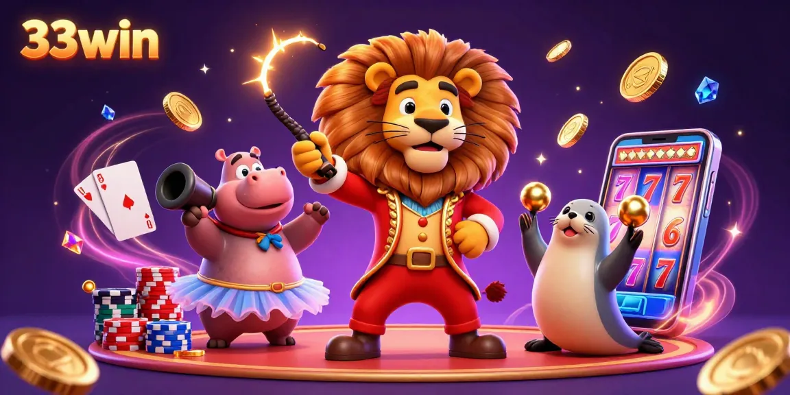 Engage with 33win's vibrant casino atmosphere featuring dynamic characters and sparkling treasures.