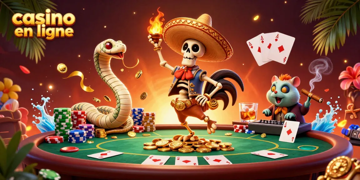 Illustration vibrante de casino en ligne avec un mariachi dansant entouré de jetons et de cartes.