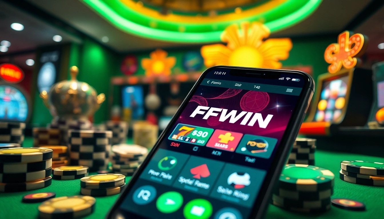 FFWIN online betting platform with vibrant games displayed on a smartphone.