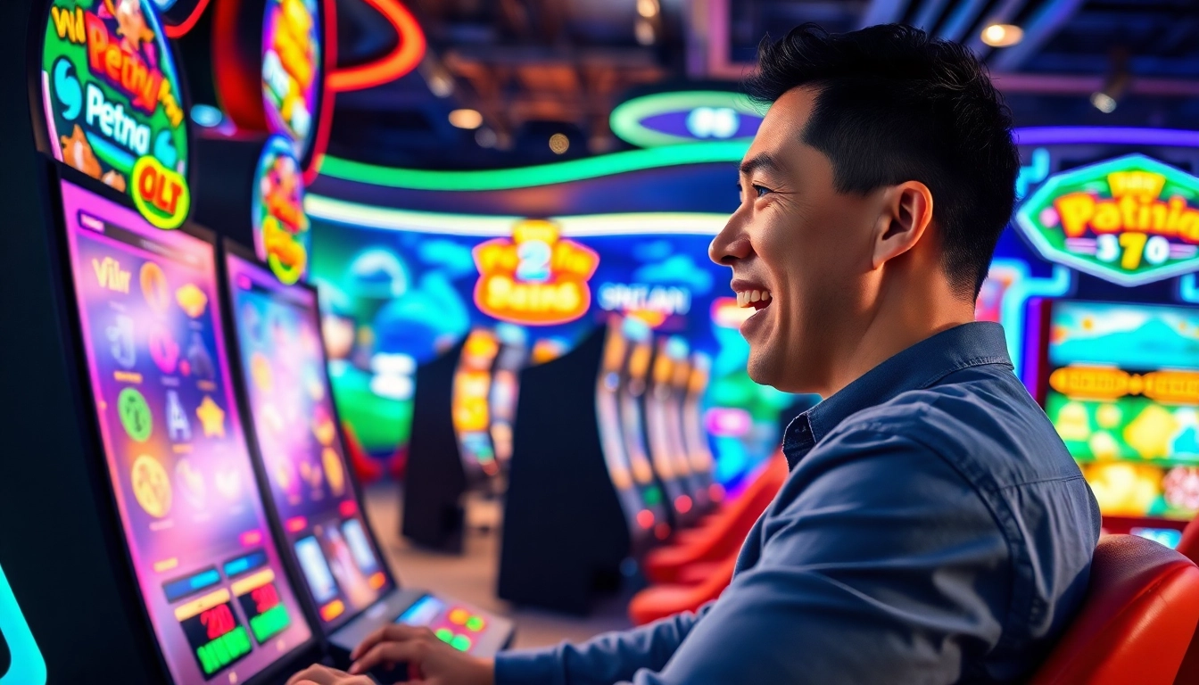 Petani toto berinteraksi dengan permainan slot digital penuh warna dan interaktif.