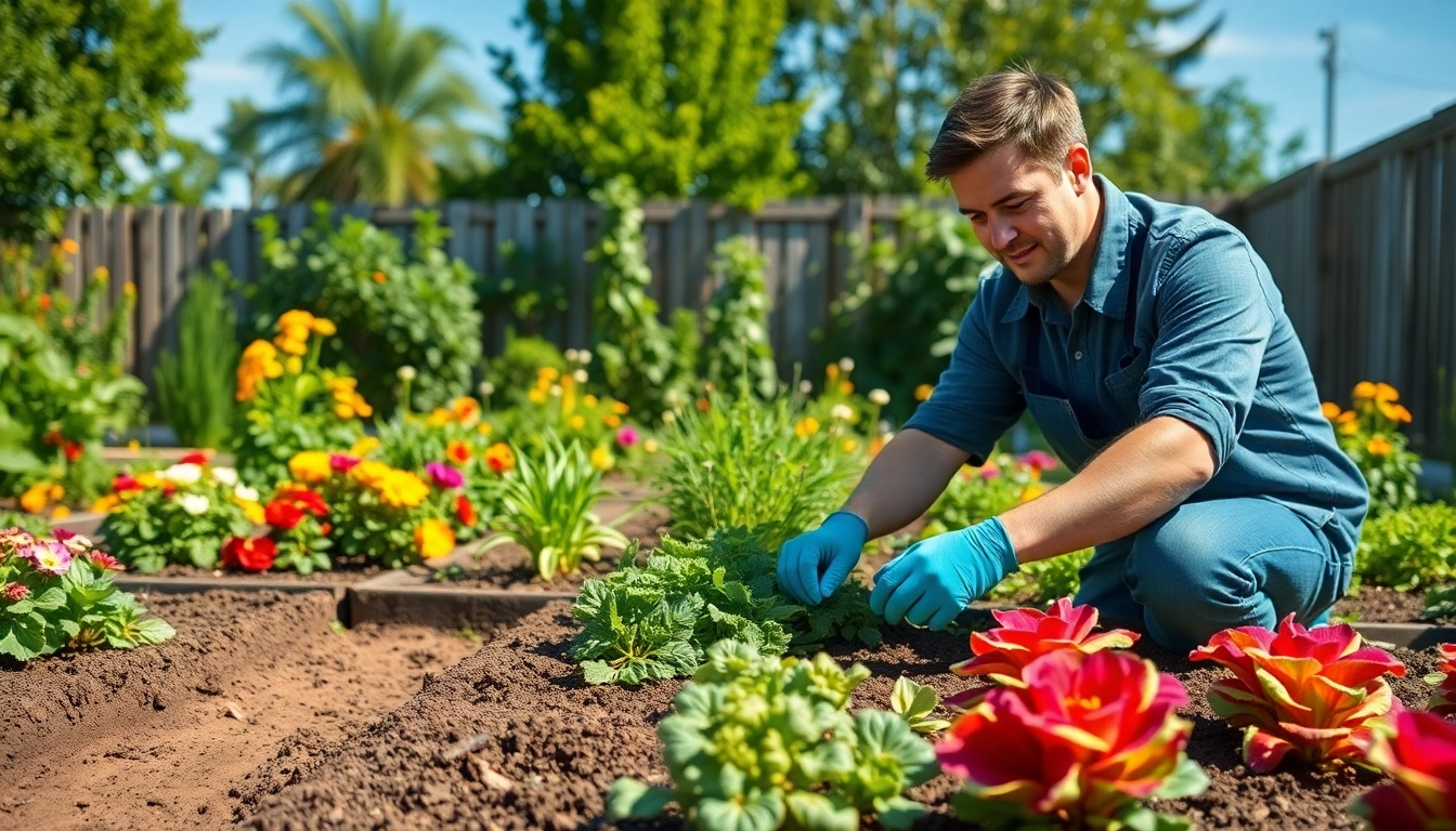 Gardening in a vibrant vegetable garden with lush plants and a sunny atmosphere.