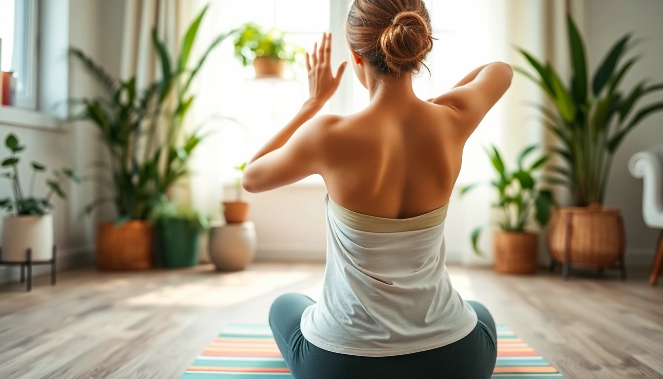 Practicing effective back pain remedies with yoga in a calm home setting.