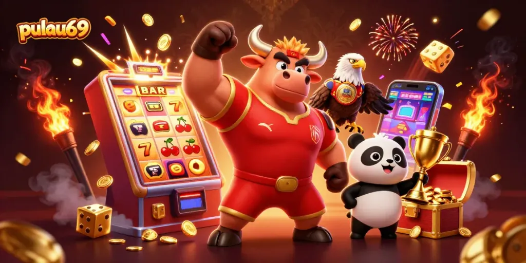 Pulau69 showcases a vibrant casino scene with a victorious bull mascot, golden symbols, and rich slot gameplay.