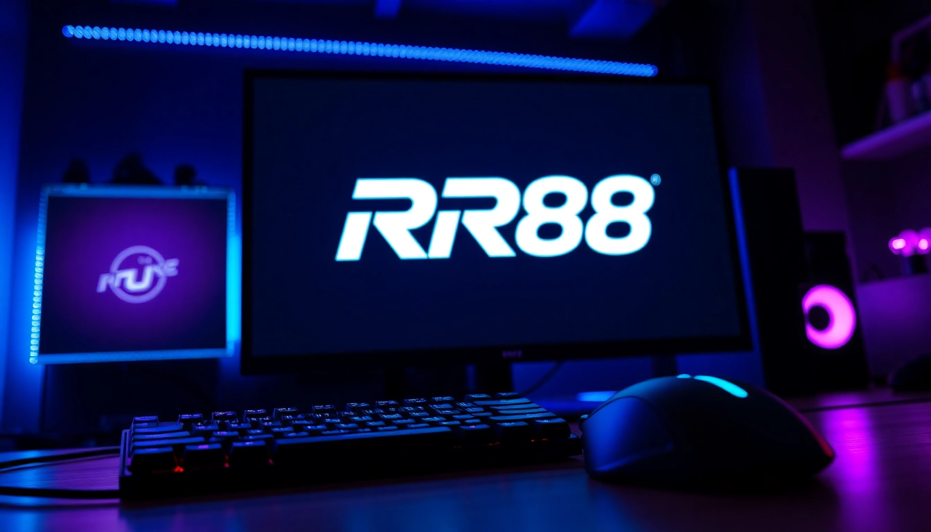 Showcase of a professional gaming setup with RR88 branding, inviting and energetic atmosphere.