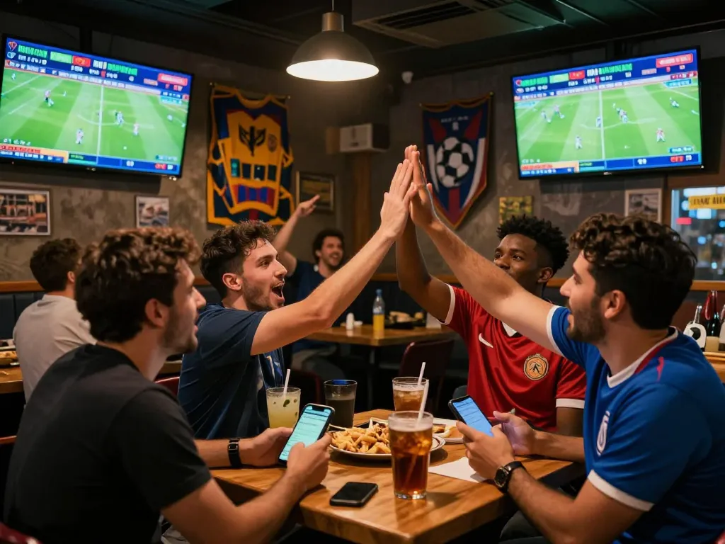 Fans experience the thrill of betting on Nowgoal during a live soccer match in a bustling sports bar.