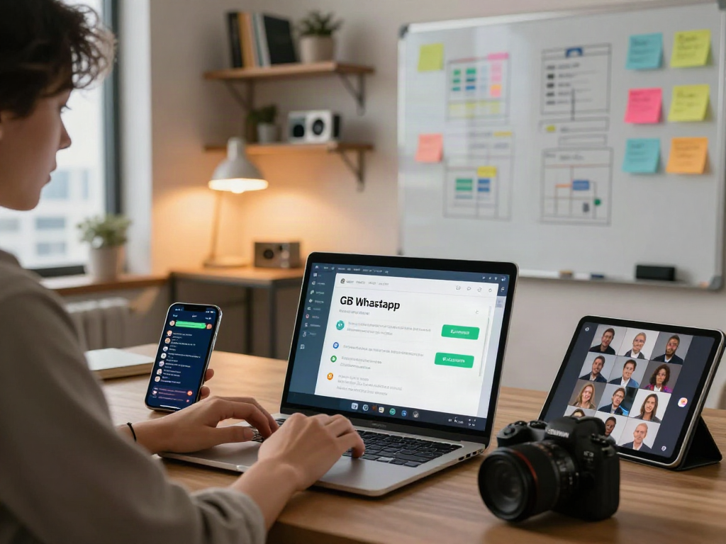 Young professional using GB WhatsApp on laptop in a modern workspace.