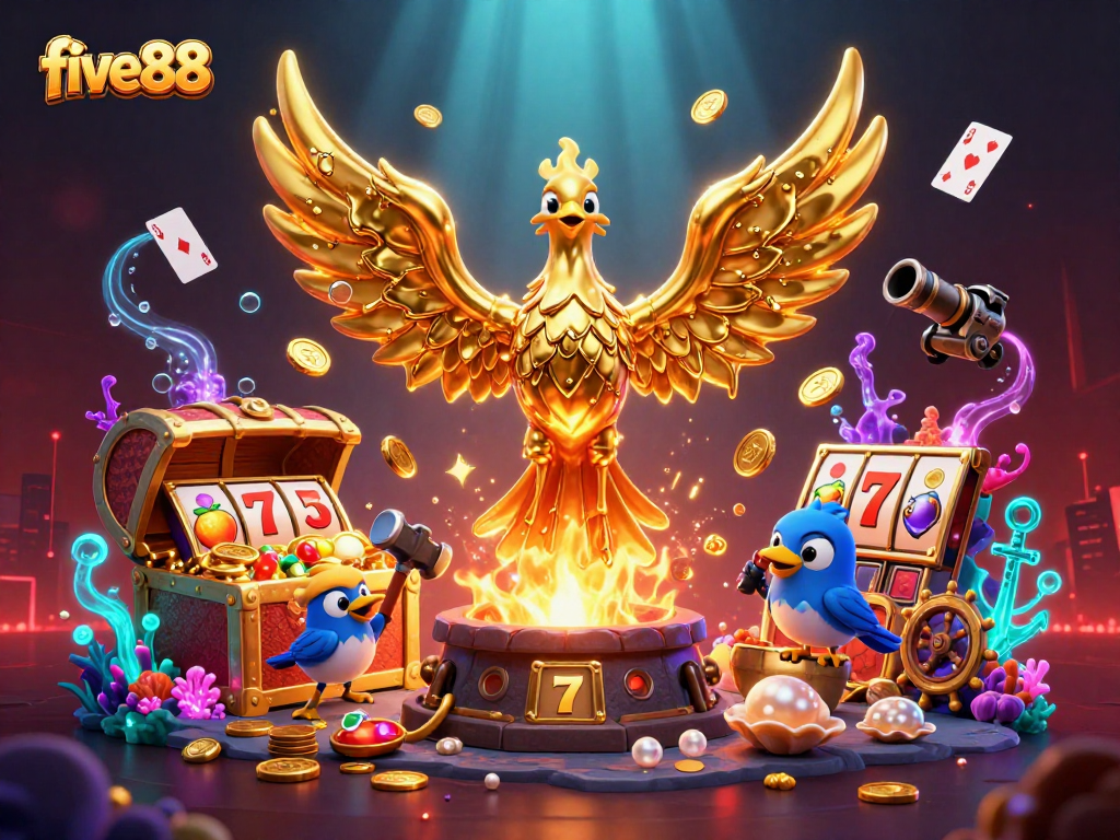 Experience the magical five88 world of slots and rewards with a molten phoenix and vibrant treasures.