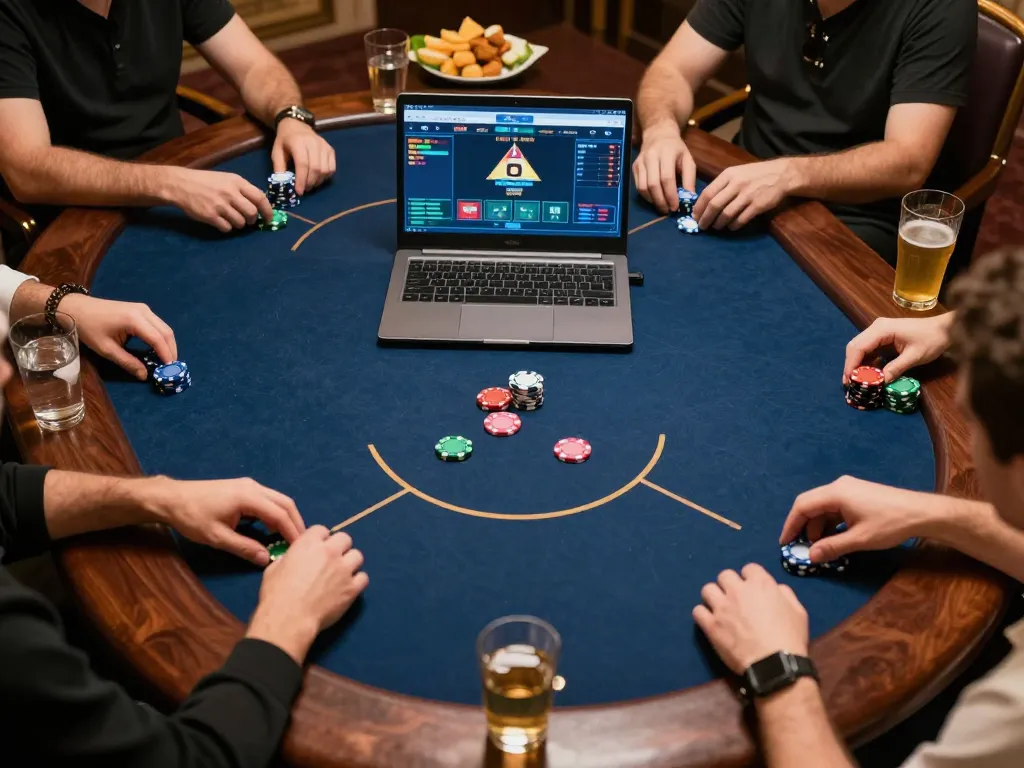 Players strategizing at an online poker game on a laptop showcasing 58win