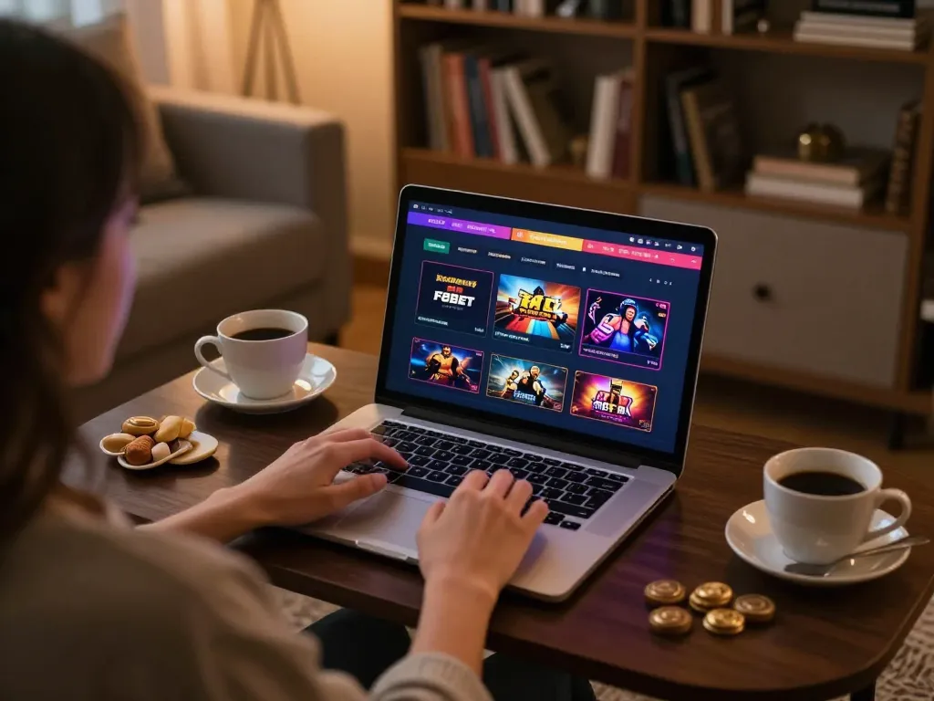 Engaging with F8BET online casino platform in a cozy home setting, showcasing gameplay on a laptop.