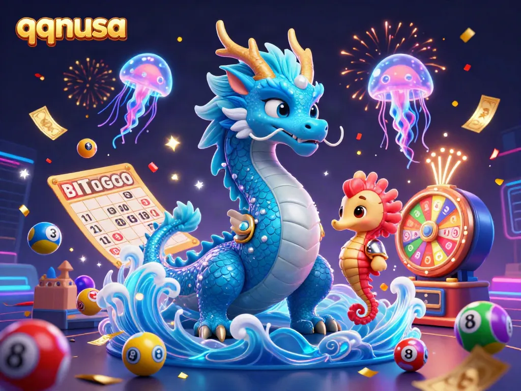 Experience the excitement of qqnusa with a vibrant 3D dragon and dynamic lottery elements.
